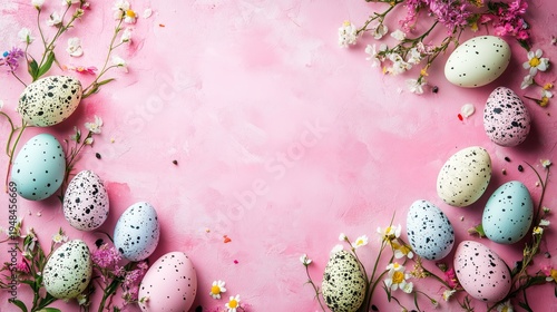 Easter Eggs Arranged With Flowers on a Pink Background During Spring Season