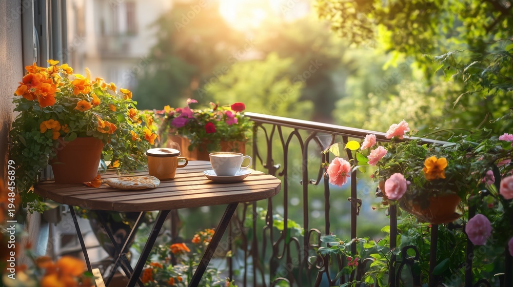 Obraz premium Morning Light Shines on a Balcony With Flowers and Coffee in a Garden Setting