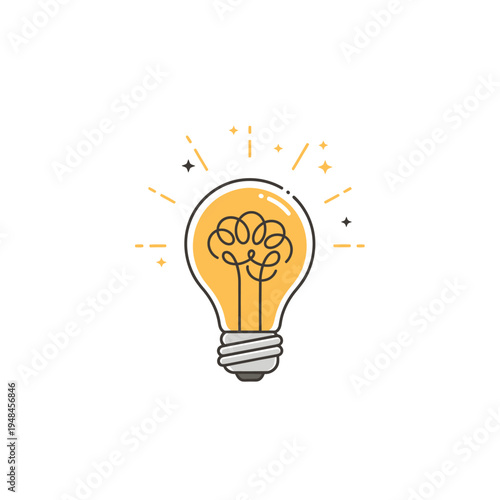 A bright idea symbol A light bulb with a brain illustration inside, symbolizing creativity and innovation, glowing with light and stars