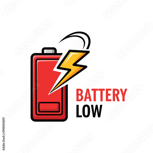 Red battery icon indicating low power with a lightning bolt symbol and text 'BATTERY LOW'