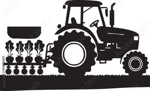 Farm Tractor Planting Crops With Seeder Black Silhouette Agriculture Farming Vector