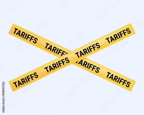Vector yellow tape with TARIFFS text isolated on transparent background. Trade barriers, import and export, international business policies, supply chain costs, economic restrictions