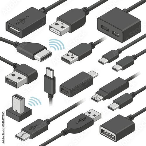 Comprehensive isometric set of diverse USB plugs, sockets, and adapter cables, showcasing essential components for modern digital device connectivity and data transfer solutions