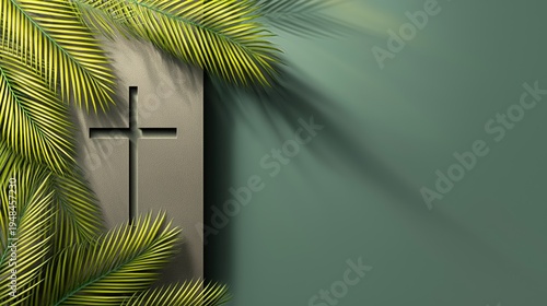 Cross Surrounded by Palm Leaves on Green Background