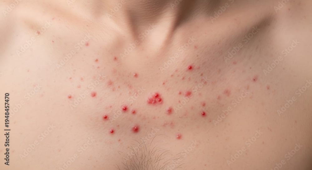 Fototapeta premium A close up view of a person's chest showing signs of acne breakouts and red inflamed skin lesions