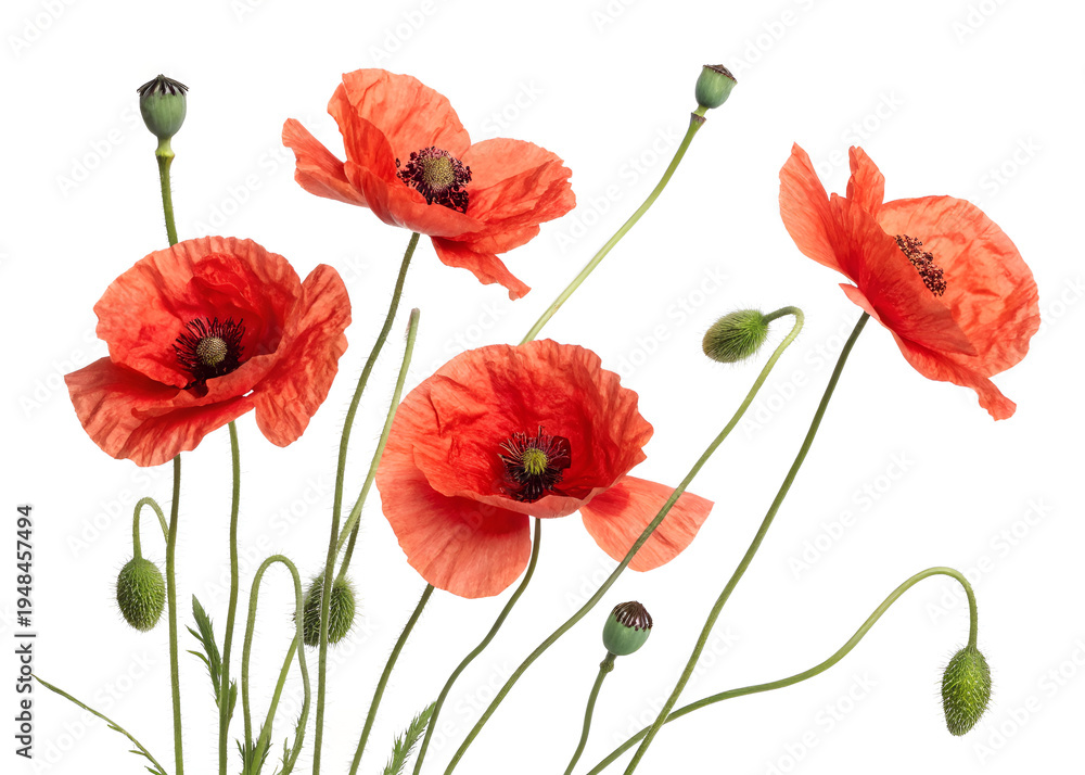 Obraz premium A seamless floral illustration of red poppy flowers with delicate petals blooming on a white background, capturing a wild spring meadow in a vibrant garden pattern