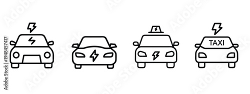 Electric car and EV taxi line icon set featuring eco vehicle for green transportation and more vector illustration or editable stroke