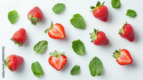 Fresh Strawberries and Mint Leaves on a White Surface Arranged in a Simple Pa...