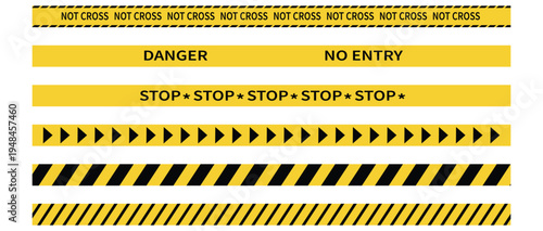 warning, danger, police and security caution tape set. Barrier tape collection. Vector illustration.