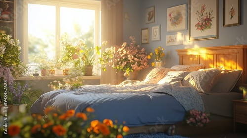 Morning Light Shines on Bed With Flowers Near Window in Bright Room