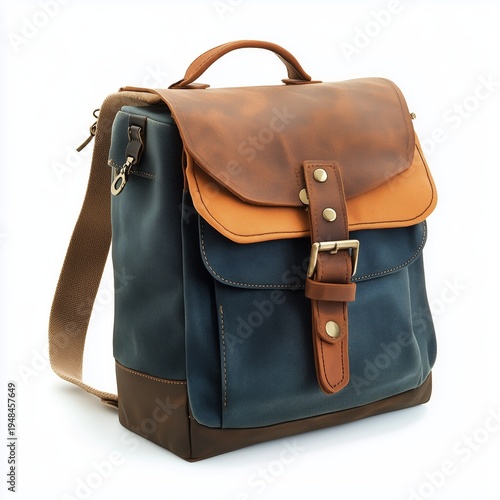 Backpack With Blue Canvas and Brown Leather Details on a Plain Background
