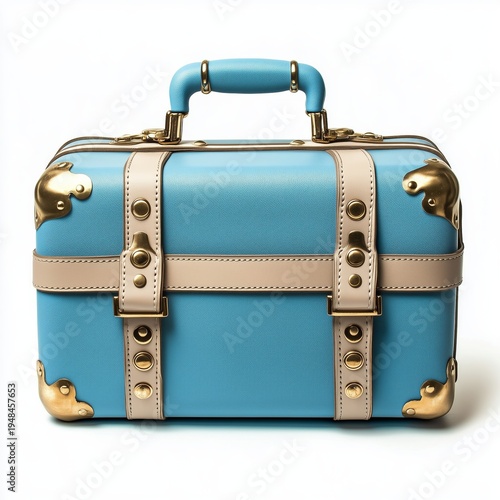 Bright Blue Suitcase With Gold Accents on a White Background for Travel and S...