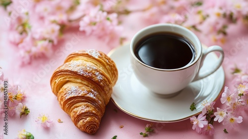 Enjoying Coffee and Croissant in Spring Flowers With Morning Light Shining Th...