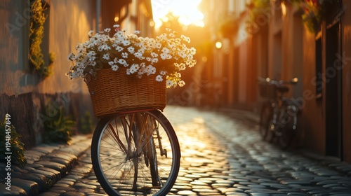 Bicycle With a Flower Basket on a Cobblestone Street at Sunset in a City