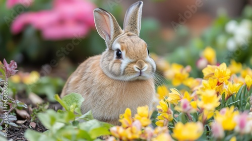 Rabbit Sitting Among Colorful Flowers in a Garden on a Sunny Day During Sprin...