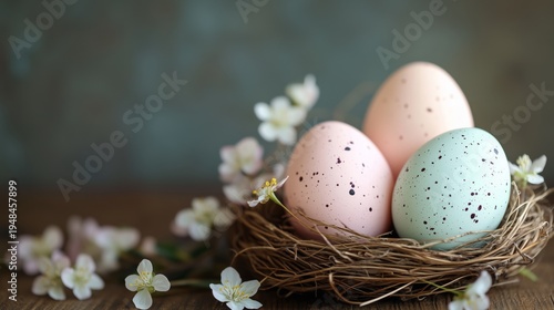 Colorful Eggs in a Nest With Flowers on a Wooden Table for a Spring Celebration