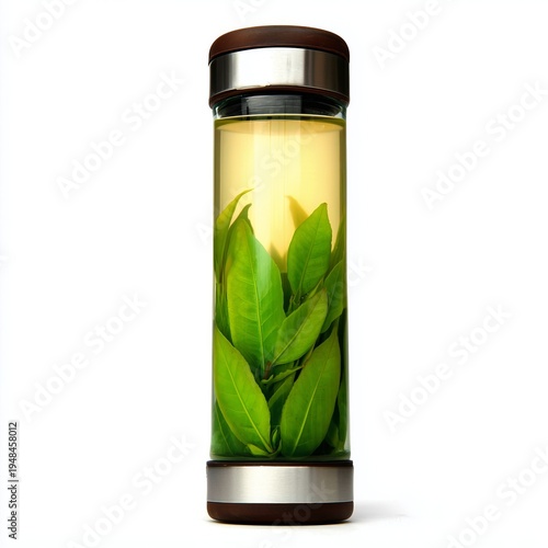 Green Tea Infuser With Fresh Leaves in Glass Container Filled With Hot Water
