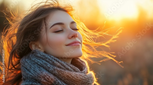 Young Woman Enjoys Sunset While Standing Outdoors in a Field on a Clear Eveni...