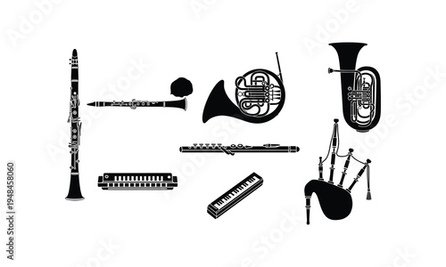 Classic woodwind and brass instruments silhouette collection