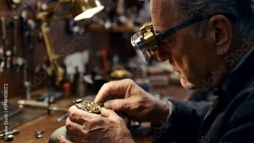Master watchmaker precision repairing mechanical watch in workshop under magnifying lens with tiny gears and tools