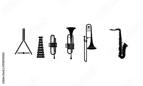 Black and white illustration of various brass and percussion instruments