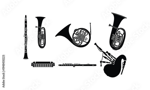 Collection of classic woodwind and brass instruments in black and white illustration