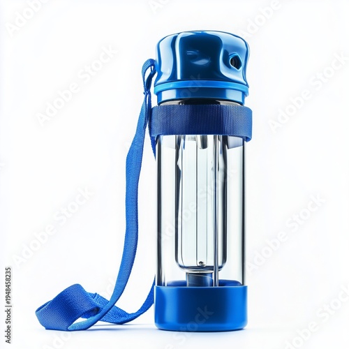 Water Bottle With Blue Cap and Strap Placed on a White Background for Clear V...