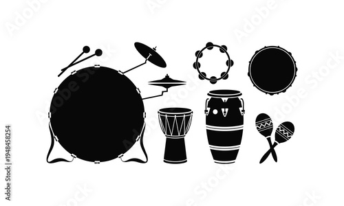 Diverse collection of traditional percussion instruments in black and white