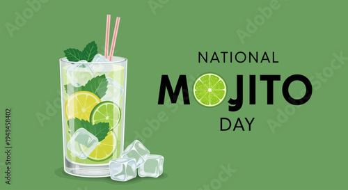 Vibrant vector illustration of a refreshing mint and lime cocktail glass, with ice and fresh garnishes, set against a green background. Ideal for summer beverages