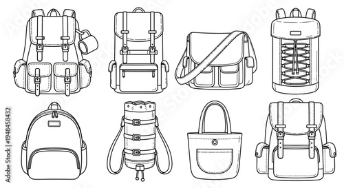 Outline vector set of diverse bags, including various backpack styles, messenger bags, and a classic tote bag, ideal for travel, daily use, and outdoor adventures