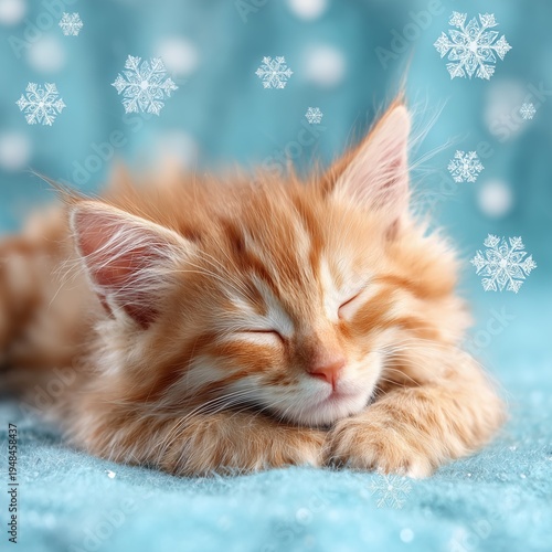 Cute Orange Kitten Sleeps on Soft Blanket With Falling Snowflakes in the Back...