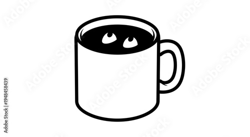 Quirky black and white icon of a coffee mug with mischievous eyes peeking from the dark liquid, embodying a playful morning surprise or a hidden watchful presence