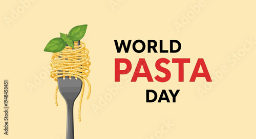 A delectable illustration of spaghetti twisted on a fork with fresh basil leaves, celebrating World Pasta Day and the joy of Italian culinary traditions