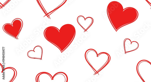 Seamless pattern of hand-drawn red hearts on a white background, perfect for Valentine's Day or romantic themes