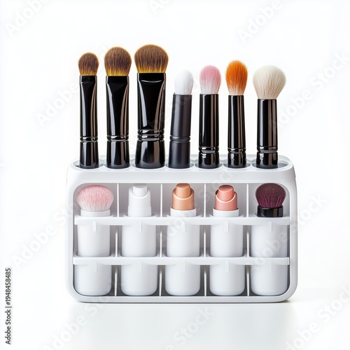 Makeup Brushes and Tools Arranged in a Storage Holder on a Clean Surface
