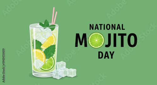 National Mojito Day celebration with a refreshing drink and ice cubes