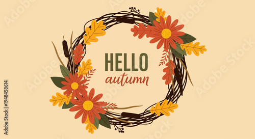 Charming Autumn Wreath Illustration with Vibrant Fall Foliage and 'Hello Autumn' Greeting, Perfect for Seasonal Designs and Decorations