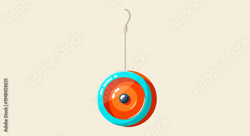 Vibrant orange and blue classic spinning yo-yo toy illustration, depicting a playful retro game object suspended by its string, symbolizing childhood fun and skill