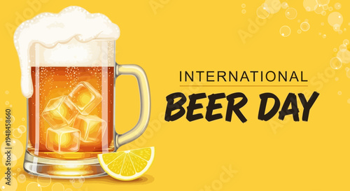 Refreshing golden beer in a frothy glass with ice and a lemon slice, symbolizing celebration and enjoyment for summer festivities on a vibrant yellow background