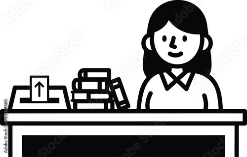 woman sitting at desk with books and papers