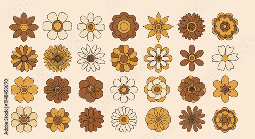 A vibrant collection of retro-inspired floral designs, capturing the groovy essence of the 1970s era with warm earthy tones and whimsical flower power motifs