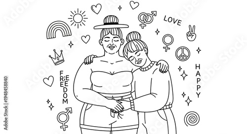 Joyful Black and White Illustration Capturing Two Women Embracing Tenderly, Adorned with Diverse Symbols of Love, Freedom, and LGBTQ+ Pride, Celebrating Acceptance and Happiness
