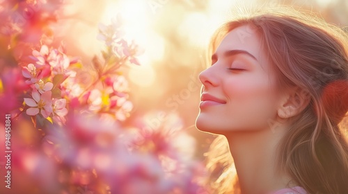 Young Woman Enjoys Spring Flowers While Standing in a Garden During Sunset Hours