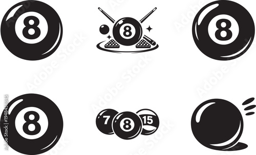 Billiard ball vector icon set for pool game design. Clean sport symbols for web, app, UI, and graphics.