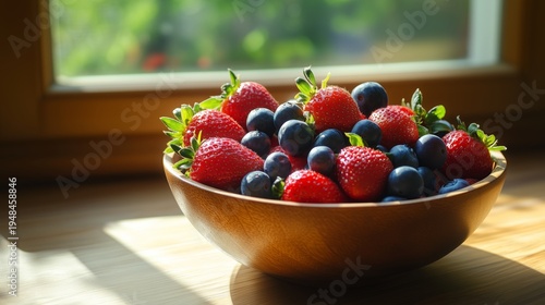 Fresh Berries in a Wooden Bowl on a Sunny Kitchen Table Near a Window in the ...