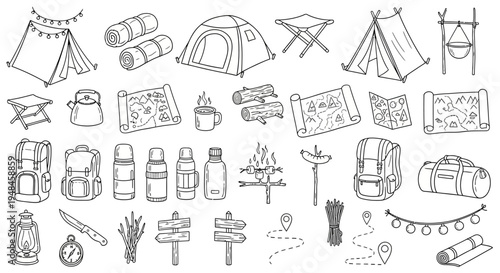 Illustrated collection of essential outdoor gear, featuring camping equipment, hiking tools, and adventure accessories for any wilderness journey