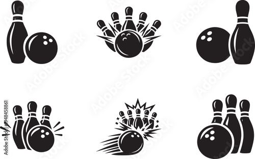 Bowling ball and pin vector icon set isolated on white. Clean sport symbols for web, app, UI design.
