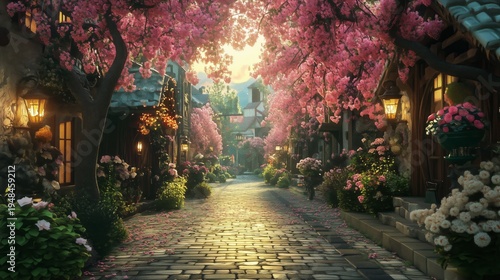 Flowers and Buildings Line a Narrow Street in a Small Village During a Sunny Day