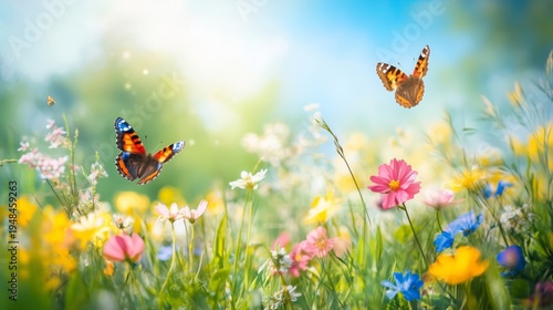 Butterflies Fly Over a Field of Colorful Flowers on a Sunny Day in Spring