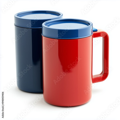 Two Colorful Mugs in Red and Blue Placed Side by Side on a Plain Background